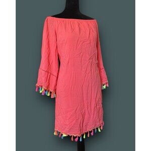 Vintage Coral Fun Off Shoulder Dress Cute Boho Colorful Tassels Festival Summer